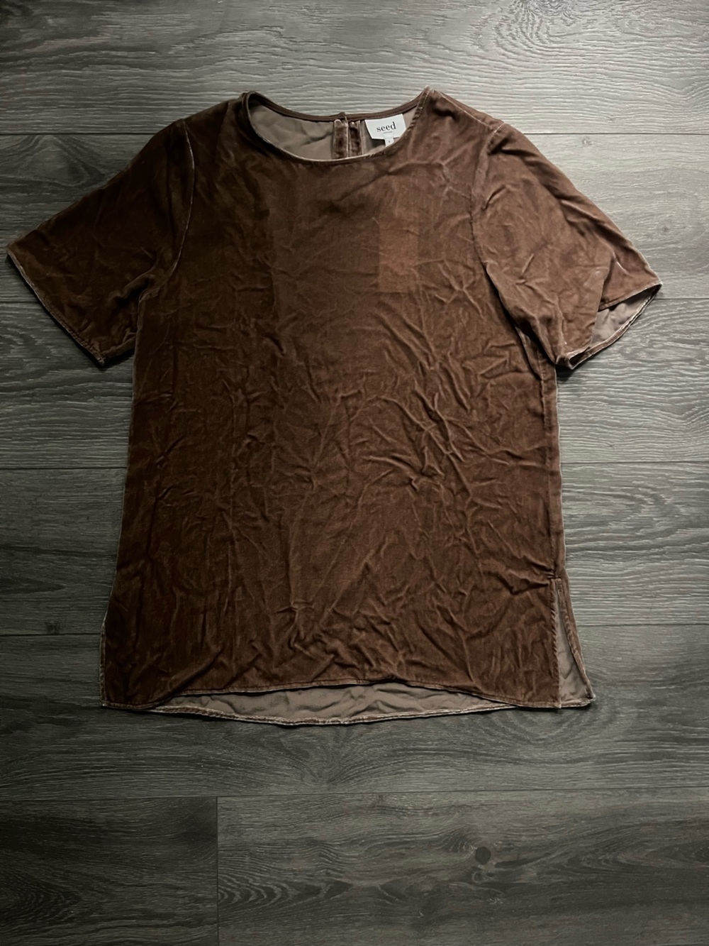 NEW Seed Heritage Brown Velour Short Sleeve Crew Neck Shirt Size S Glam Fall